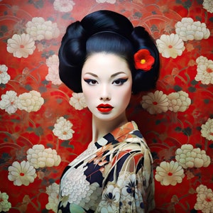 Miss Akaibara fine art print - Japanese lady art print - Modern geisha fine art - Asian inspired - Japanese decor