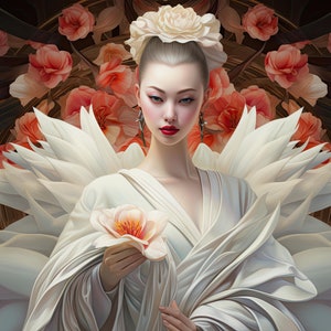 Hanabira fine art print - Japanese lady art print - Modern geisha fine art - geisha with swan