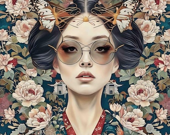 Modern Geisha Art Print – Floral Kimono, Japanese Lady Portrait