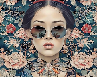 Modern Geisha Art Print – Floral Kimono, Japanese Portrait
