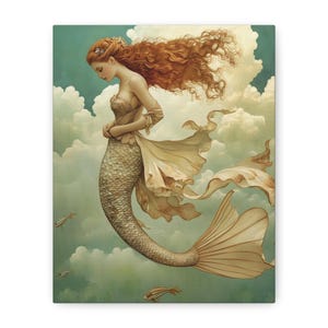 Syrena wydruk na płótnie | Dreamy Decor, morskie akcenty domowe, prezent artystyczny dla miłośników plaży, fantasy wall art, ocean dreamscape