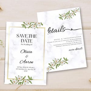 Suíte de casamento elegante com flores brancas para sempre – cartões editáveis para salvar a data, detalhes e agradecimento | Download digital instantâneo