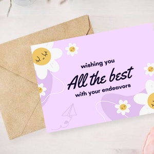 Tarjeta de buenos deseos para imprimir, color morado, tamaño 7 x 5 pulgadas, plegada, producto digital.