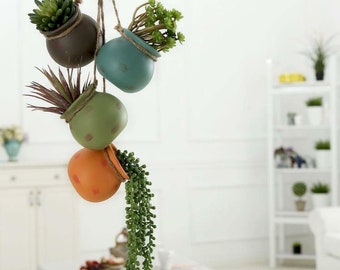 Hanging Desert Multicolor Mini Ceramic 4 Planter Set, Wall Ceiling Mount Flower