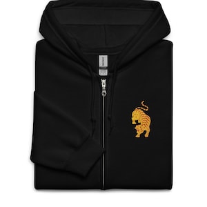 Embroidered Chinese Tiger Zip-Up Hoodie, Unisex Zip Hooded Sweater, Asian Artistic Sweatshirt Embroidery, Comfortable Streetwear Hoodie