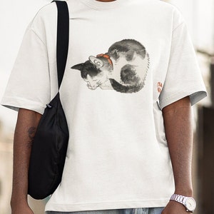 OVERSIZED T shirt Sleeping Cat T-shirt  - Unisex DropShoulder Tee, Japan Art by Kono Bairei,  Streetwear Artful Tee, Fashionable boxy tee