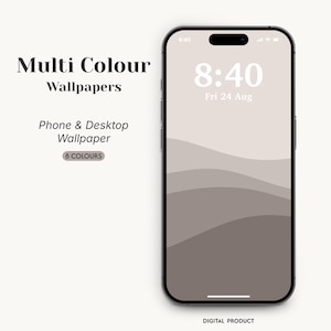 Puede incluir: Un smartphone muestra un diseño de fondo de pantalla multicolor con un patrón de ondas en tonos beige y marrón. La pantalla muestra la hora 8:40 y la fecha Vie 24 Ago. También se ve el texto "Multi Colour Wallpapers" y "Phone & Desktop Wallpaper".