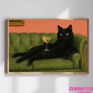黒猫のマティーニウォールアート | レトロなバーカートの装飾 | ヴィンテージ油絵プリント | カクテルキャットアート | 自宅やバーの折衷的な壁装飾