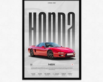 May include: A red 1990 Honda NSX sports car with black wheels and a black interior. The car is on a white background with the word "Honda" in large black letters above it. The text "NSX" is below the car, along with the Honda logo and a Japanese flag. The text "POWER", "ENGINE", "TOP SPEED", "0 - 60mph", "TORQUE", and "WEIGHT" are listed below the car with corresponding values.