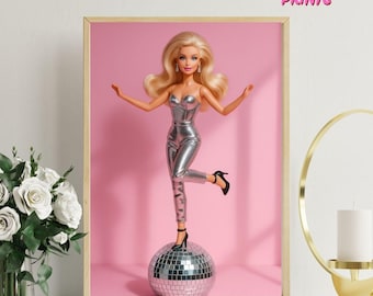 May include: A silver-clad Barbie doll stands on a disco ball, striking a pose with her arms outstretched. The doll has blonde hair and is wearing a silver jumpsuit with black heels. The background is a bright pink.