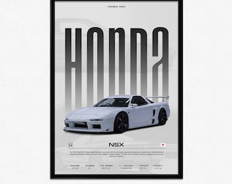 May include: A white Honda NSX sports car with black wheels and a black spoiler. The car is on a white background with the text "Honda" in large black letters and the text "NSX" in smaller black letters. The text "HONDA NSX" is at the top of the poster. The poster also includes the Honda logo, a Japanese flag, and information about the car's engine, top speed, 0-60 mph time, torque, and weight.