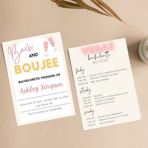 May include: Two invitation cards for a bachelorette weekend in Las Vegas. The first card is pink and white with a pink and white illustration of two champagne flutes. The text on the card reads "Bach and Boujee Bachelorette Weekend of Ashley Simpson Friday, May 24, 2024 - Sunday, May 26, 2024 Las Vegas, NV RSVP to Jessica at 123.456.7890". The second card is white with pink text that reads "Vegas Bachelorette Weekend". The card lists the weekend's activities, including check-in, dinner, pool party, and late checkout.