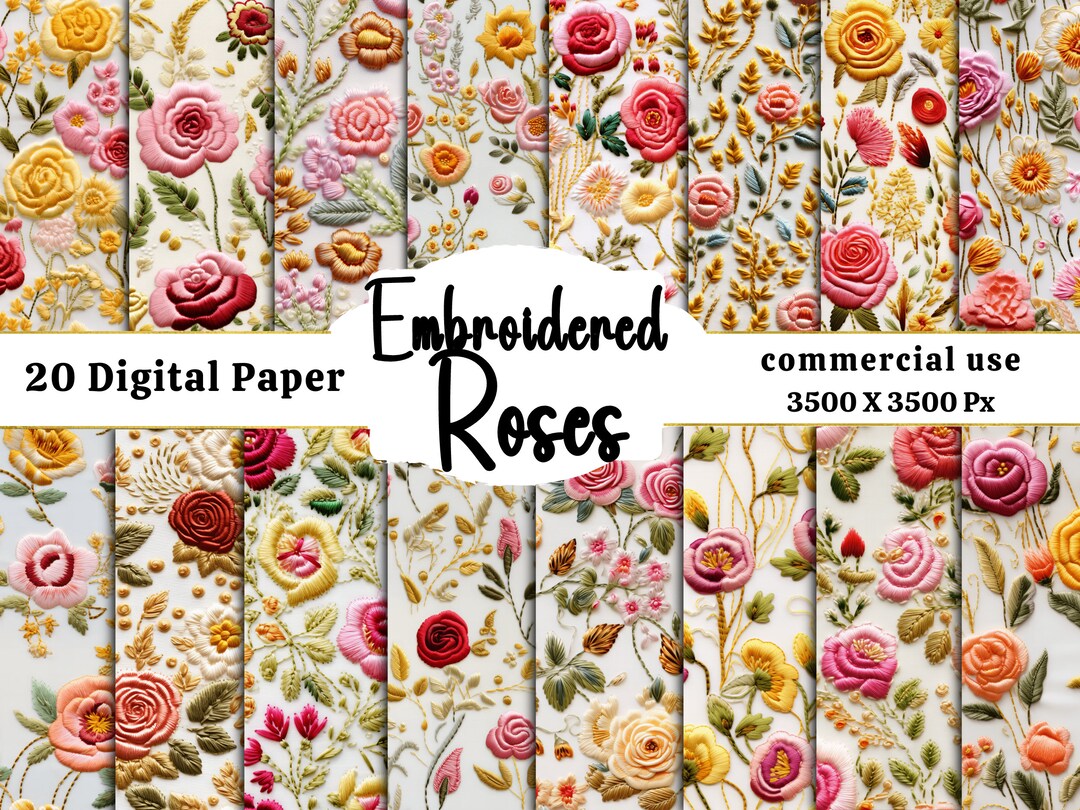 20 PNG Embroidered Roses Seamless Pattern digital Seamless - Etsy