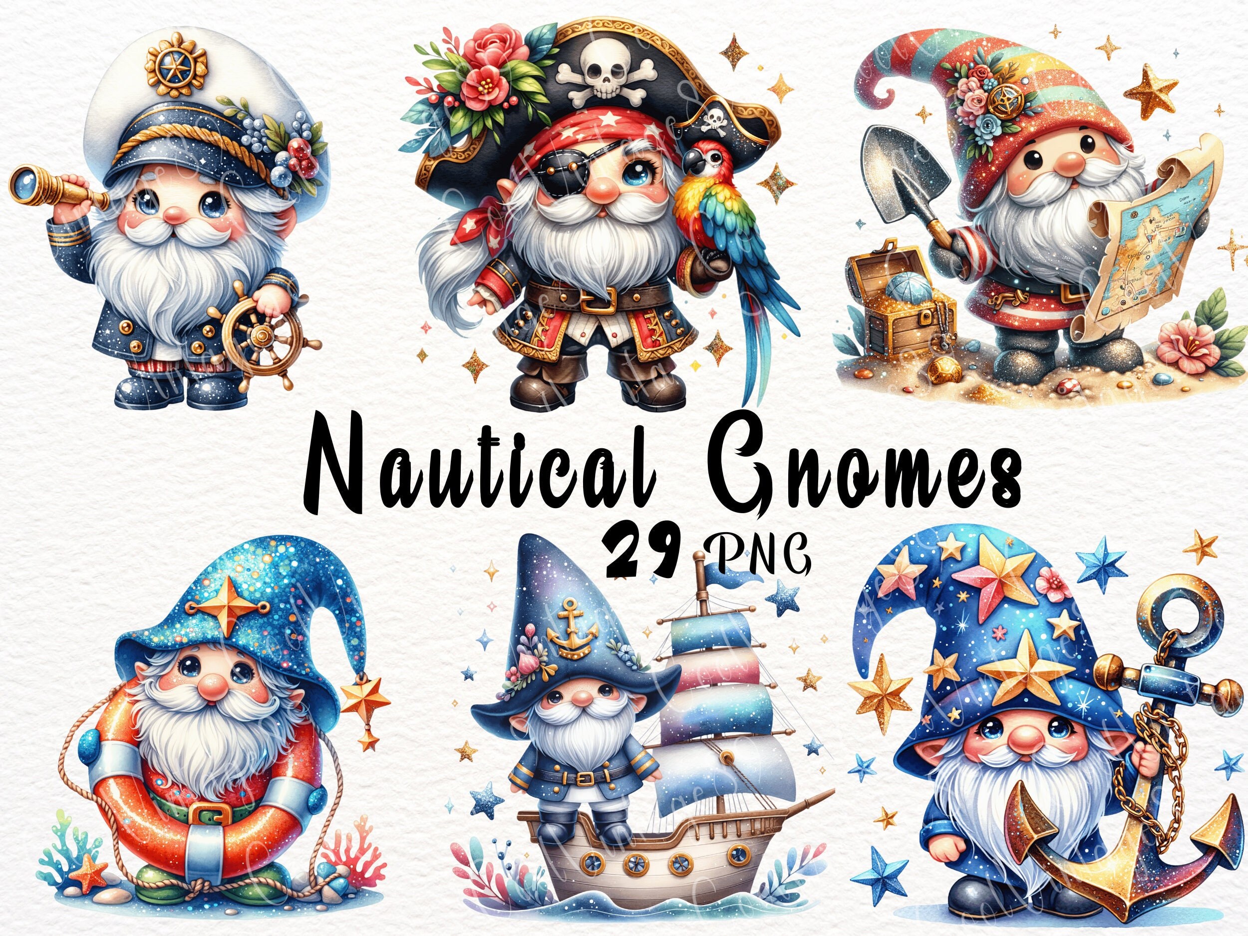 29 PNG Nautical Gnomes, Nautical Clipart, Hand Drawn Watercolor Gnome Clipart, Digital Instant