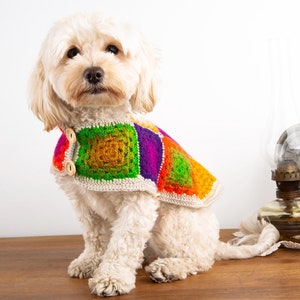 Colorful Granny Square Crochet Dog Sweater Set – Handmade Retro Pet Jacket with Matching Dog Mom Bracelet & Bandana, Gift for Dog Parents