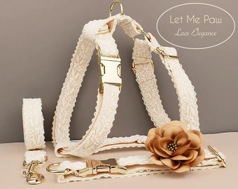 Custom Lace Dog Wedding Collar and Leash, Personalized Adjustable Beige Collar, H-Style Harness Set for Pets, Luxury Pup Accessories