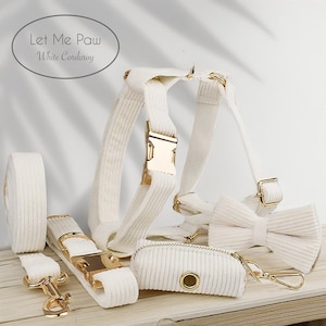 Elegant White Corduroy Dog Collar and Harness Set with Bow Tie - Personalized Wedding Attire for Pup - Custom Dog Mom Gift