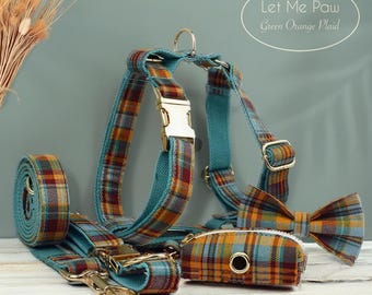 Plaid Dog Collar and Harness Set – Orange & Green Cotton with Bow Tie, Leash – Elegant Pet Outfit for Weddings and Special Occasions