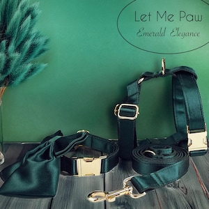 Op de afbeelding: Smaragdgroene hondenaccessoires, waaronder een halsband met een strik, een tuigje en een riem, allemaal met goudkleurige metalen sluitingen. De achtergrond toont de tekst "Let Me Paw Emerald Elegance".