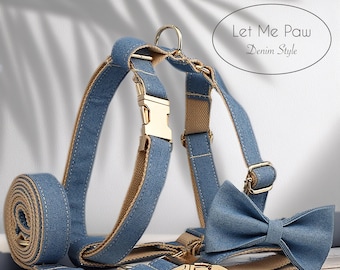 Personalized Blue Denim Dog Collar, Leash & Harness Set – Engraved Name Pet Accessories
