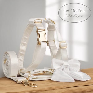 Personalized Dog Wedding Attire - White Collar and Harness Set with Sailor Bow Tie - Elegant Custom Dog Mom Gift