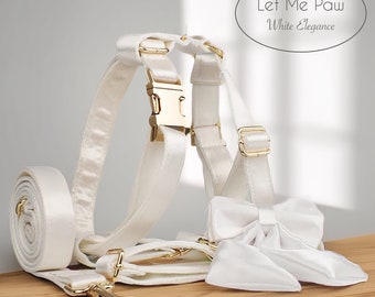 Personalisierte Satin Hochzeits-Hundehalsband & Geschirr Set – Weiß mit Matrosenfliege