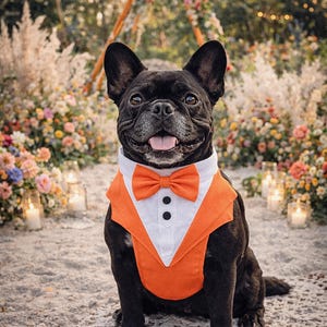Orange tuxedo dog harness on a black French bulldog sitting at a beach wedding setup with candles, colorful flowers, and boho decorations. The formal dog outfit includes a bow tie and vest style design, perfect for weddings, engagements, and special occasions.