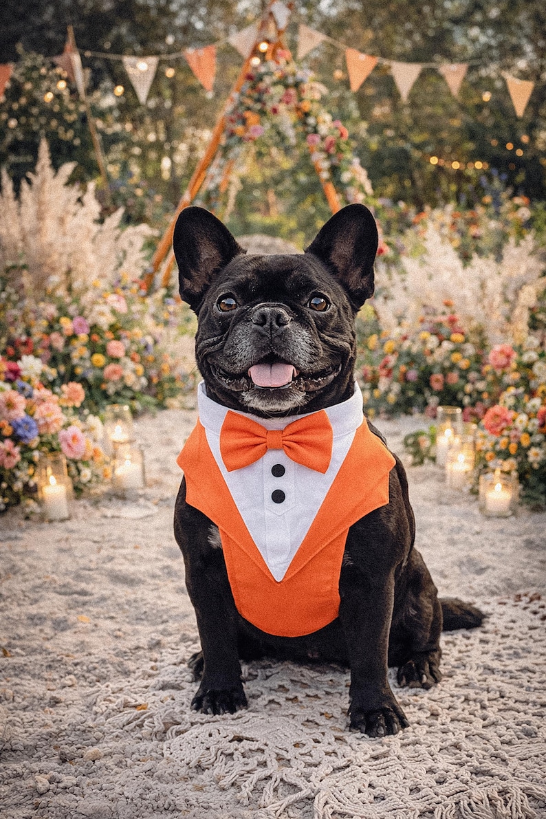 Orange tuxedo dog harness on a black French bulldog sitting at a beach wedding setup with candles, colorful flowers, and boho decorations. The formal dog outfit includes a bow tie and vest style design, perfect for weddings, engagements, and special occasions.