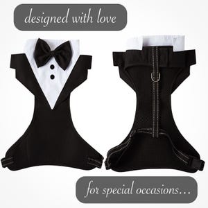 Black tuxedo dog harness with a white bow tie and collar. The harness has adjustable straps and a buckle closure. "Designed with love for special occasions..." is written on the image.
