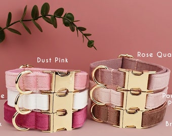 Personalized Velvet Dog Collar & Leash Set – Custom Engraved Bow Collar for Girl Dogs – Pink, Purple, White or Brown – Luxury Puppy Gift