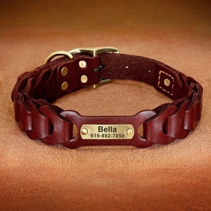 Personalized Genuine Leather Plain Dog Collar with Name Engraved, Custom Luxury Brown Collars for Medium, Large Dogs, Pet ID Collars