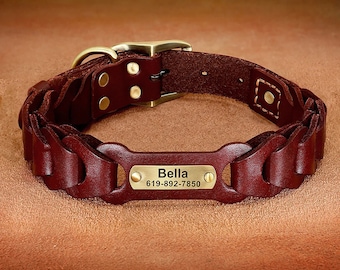 Collar de perro personalizado de cuero genuino liso con nombre grabado. Collares marrones de lujo personalizados para perros medianos y grandes. Collares de identificación para mascotas.