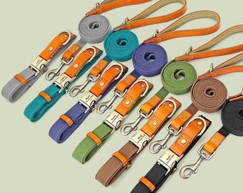 Collier pour chien en cuir véritable personnalisé, réglable en nylon durable avec nom gravé, collier personnalisé pour petits et grands chiens avec jeu de laisse