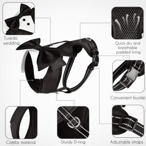 Black dog harness with a white tuxedo bow tie. The harness has adjustable straps, a sturdy D-ring, and a convenient buckle. The harness is made of comfortable material and has a breathable padded lining.