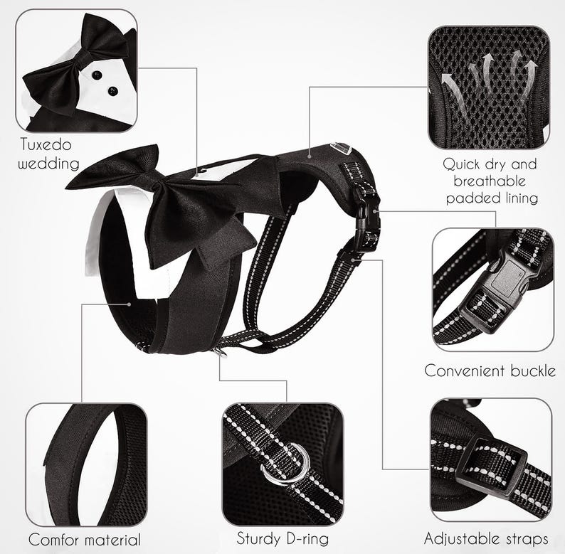Black dog harness with a white tuxedo bow tie. The harness has adjustable straps, a sturdy D-ring, and a convenient buckle. The harness is made of comfortable material and has a breathable padded lining.