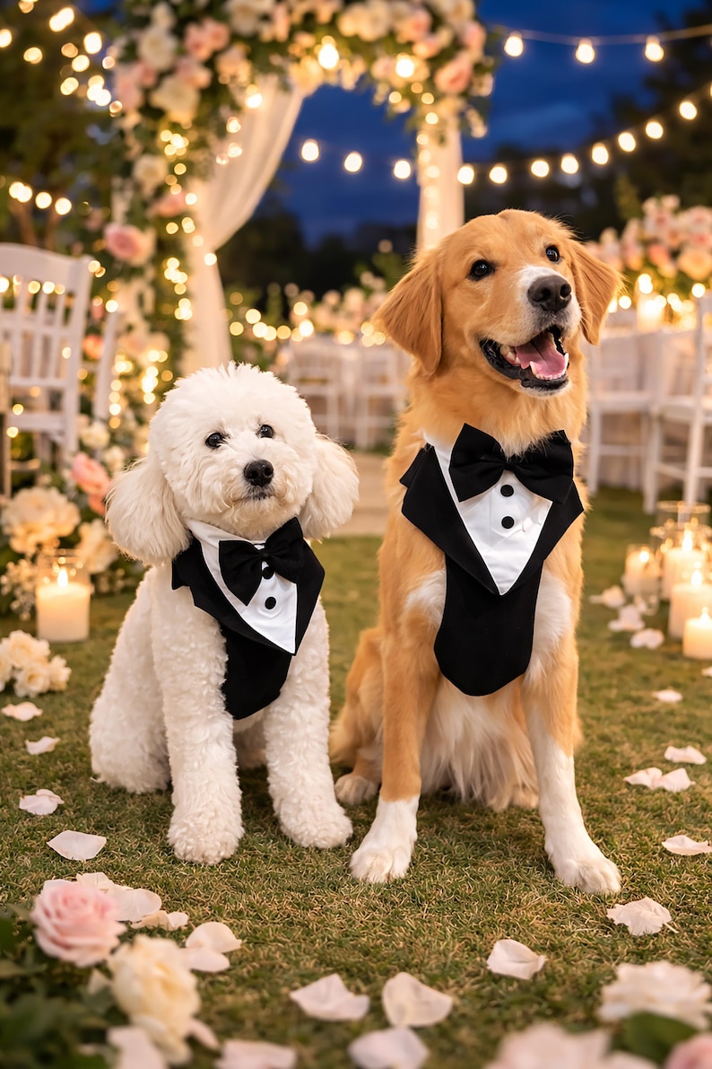 Small poodle and golden retriever wearing black tuxedo dog harnesses with bow ties at a romantic outdoor wedding with lights, flowers, and candles. Elegant formal dog outfits for weddings and photoshoots.