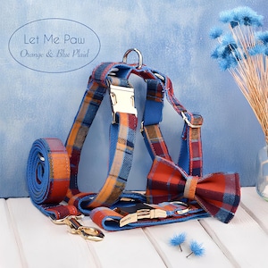 Orange & Blau kariert benutzerdefinierte Hundehalsband Set - Personalisierte Hundegeschirr mit Leine und Fliege - Stylish Pet Accessories
