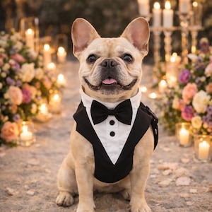 May include: A tan French Bulldog wearing a black tuxedo with a white collared shirt and a black bow tie. The dog is sitting on a gravel surface with blurred floral arrangements and candles in the background.