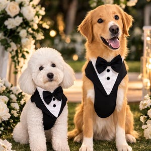 Two dogs wearing black tuxedo dog harness outfits sitting at an outdoor garden wedding with white flowers, candles, and elegant decorations. The formal dog outfits include bow ties and classic vest style design, perfect for weddings, ceremonies, and special occasions.