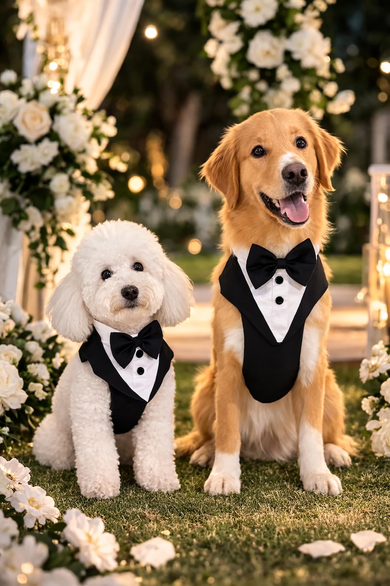 Two dogs wearing black tuxedo dog harness outfits sitting at an outdoor garden wedding with white flowers, candles, and elegant decorations. The formal dog outfits include bow ties and classic vest style design, perfect for weddings, ceremonies, and special occasions.