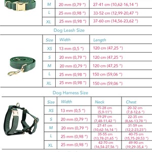 May include: Size chart for dog collars, leashes, harnesses, and bow ties. Includes measurements in inches and centimeters for XS to XL sizes. The chart shows the width, neck, and chest measurements for each size.