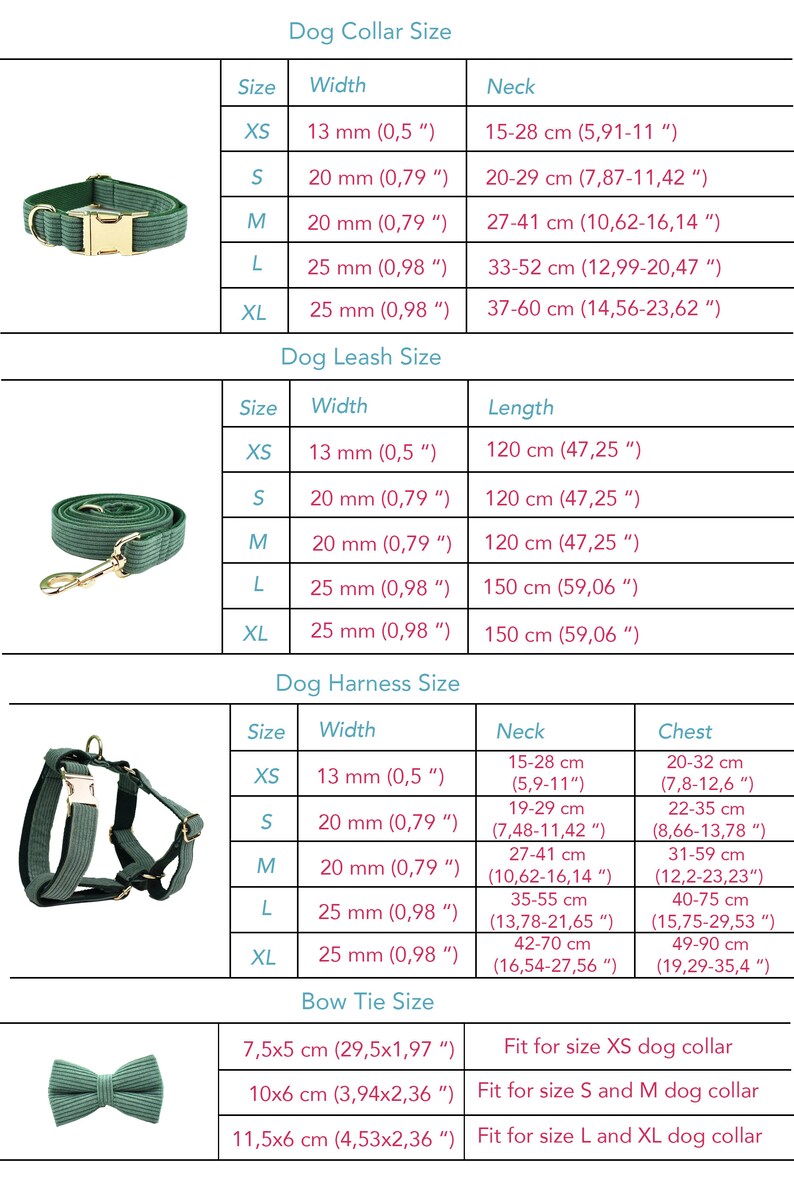May include: Size chart for dog collars, leashes, harnesses, and bow ties. Includes measurements in inches and centimeters for XS to XL sizes. The chart shows the width, neck, and chest measurements for each size.