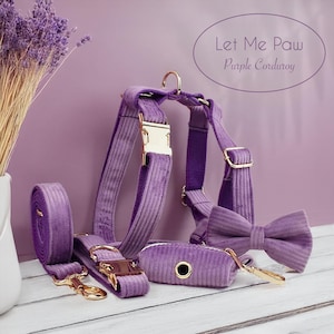 Purple Corduroy Dog Collar, Harness & Leash Set – Personalized Bow Tie Outfit for Girl Dogs – Elegant Handmade Pet Wedding Attire