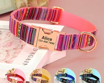 Gepersonaliseerde kleurrijke hondenhalsband met print en naam gegraveerd, aangepaste tribal nylon halsband voor kleine, middelgrote en grote honden met naamgesp