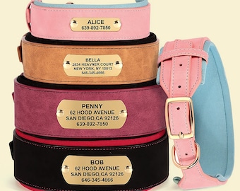 Personalized PU Leather Plain Wide Dog Collar with Name Engraved, Custom Luxury Soft Padded Faux Leather Collar for Medium to Large Dogs,