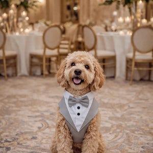 Gray tuxedo dog harness on a small poodle sitting in an elegant indoor wedding venue with candles, floral arrangements, and decorated tables. The formal dog outfit includes a bow tie and vest style design, perfect for weddings, receptions, and special occasions.