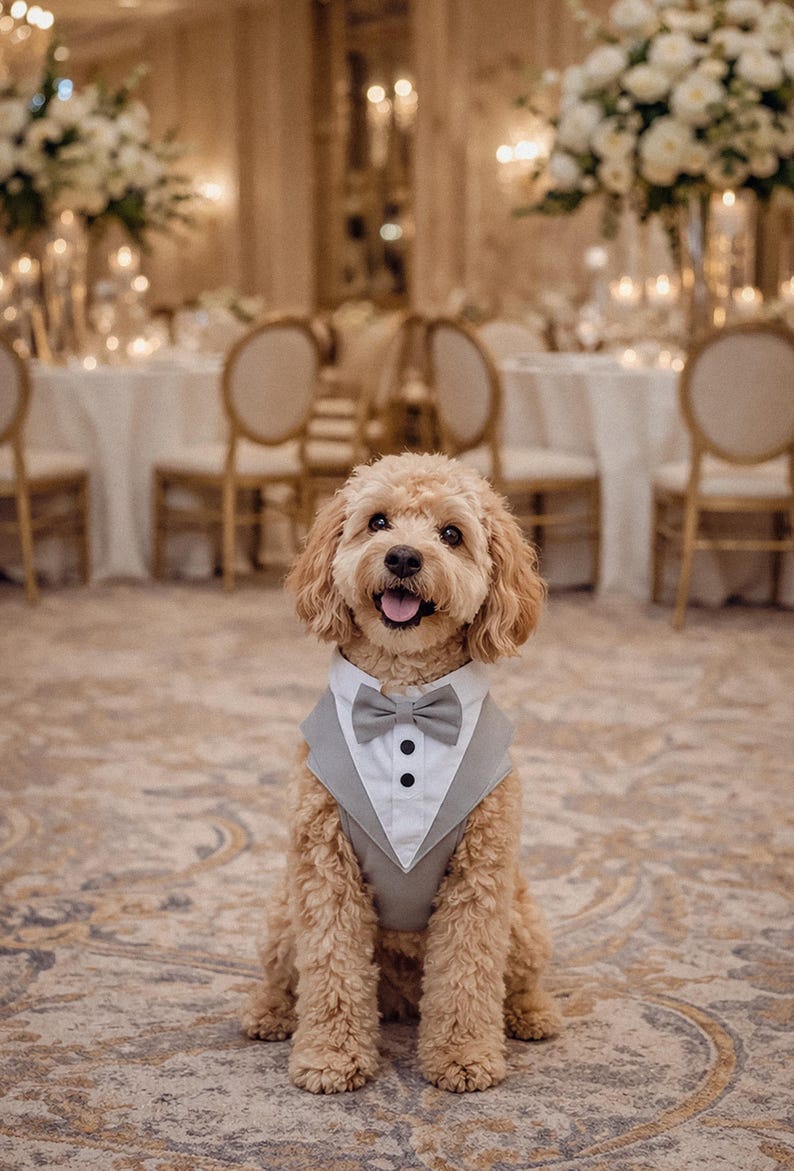 Gray tuxedo dog harness on a small poodle sitting in an elegant indoor wedding venue with candles, floral arrangements, and decorated tables. The formal dog outfit includes a bow tie and vest style design, perfect for weddings, receptions, and special occasions.