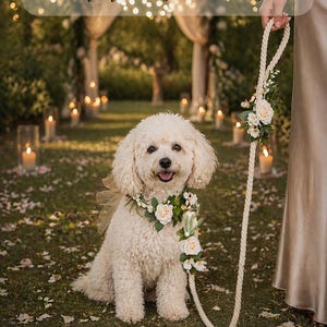 White Flower Dog Wedding Collar and Rope Leash Set – Floral Pet Wedding Accessory