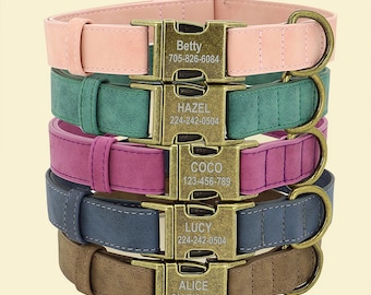 Collar de perro de cuero liso personalizado de lujo - Collar personalizado para perros pequeños, medianos y grandes con el nombre grabado