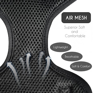 Close-up of black mesh fabric with arrows pointing up, indicating breathability. Text reads "AIR MESH", "Superior Soft and Comfortable", "Lightweight", "Breathable", and "Soft & Comfort".